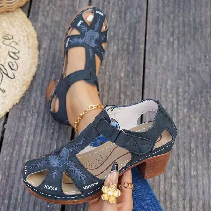 Formal Women Daily Wear Footwear - Kadın Sandaletleri Orta Blok Topuklu Çiçek