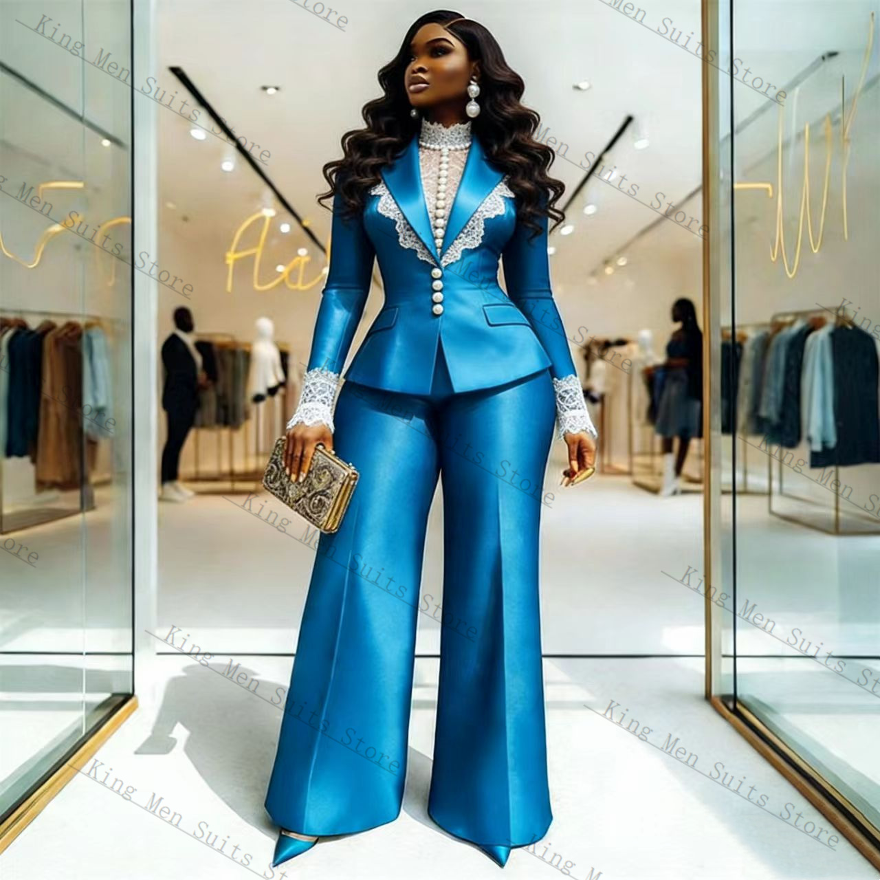 Women'S Formal Wear For A Wedding - Mavi Saten Dantel Kadın Takım Elbise
