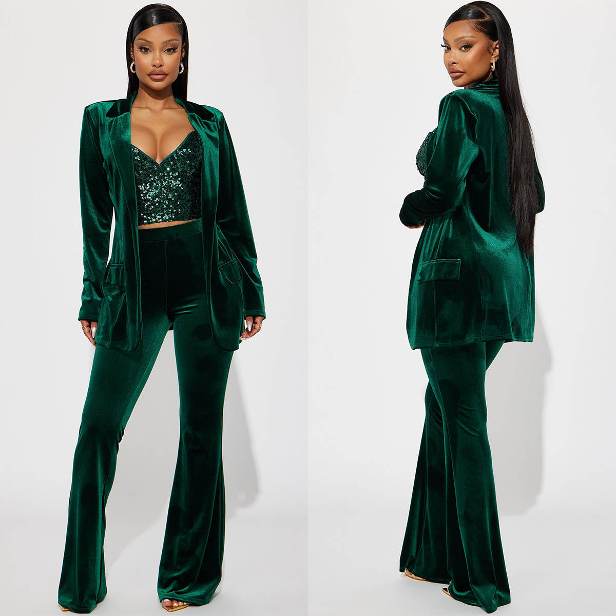 Women'S Green Formal Wear - Yeşil Kadife Kadın Pantolon Takım Elbise