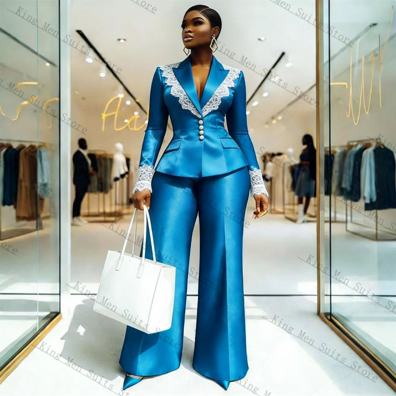Mavi Saten Dantel Kadın Takım  - Women'S Formal Wear For A Wedding incelemesi ve fiyatı