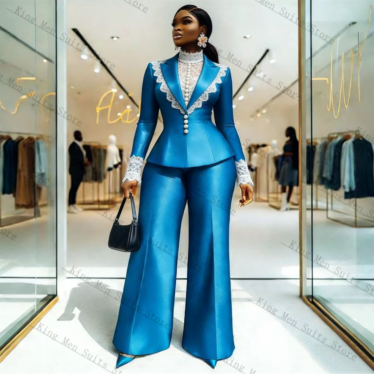 Mavi Saten Dantel Kadın Takım  - Women'S Formal Wear For A Wedding incelemesi ve fiyatı